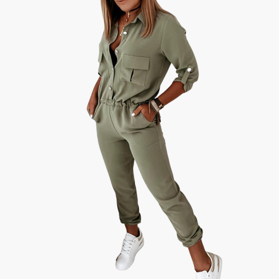 Marcellina | Women’s Button-Front Waist-Tie Utility Jumpsuit