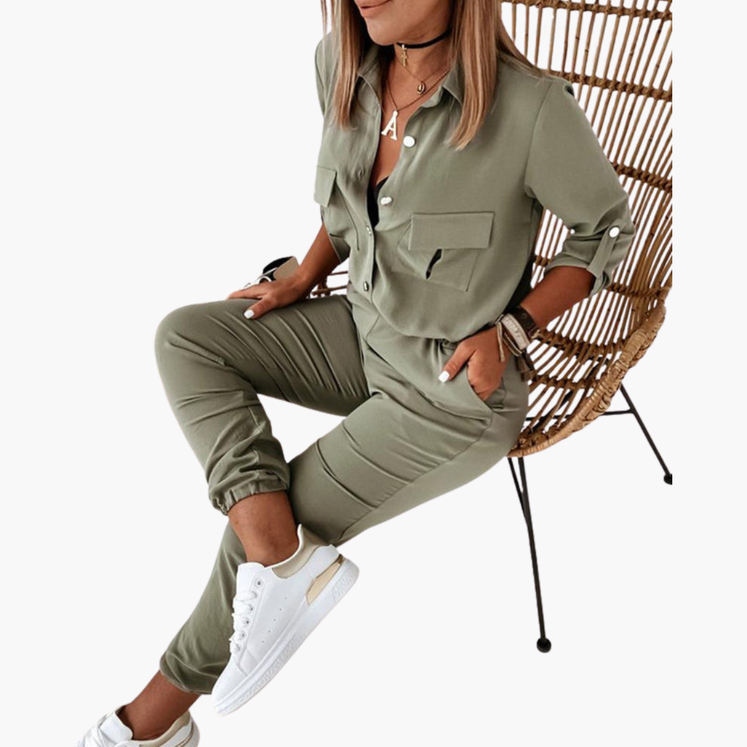Marcellina | Women’s Button-Front Waist-Tie Utility Jumpsuit