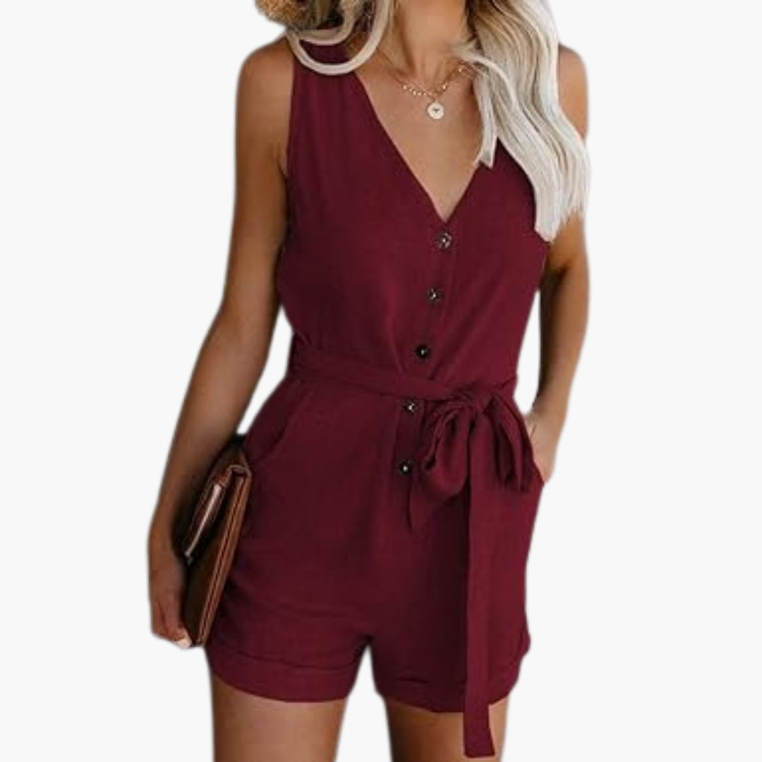 Marcellina | Women’s V-Neck Button-Front Waist-Tie Romper Jumpsuit