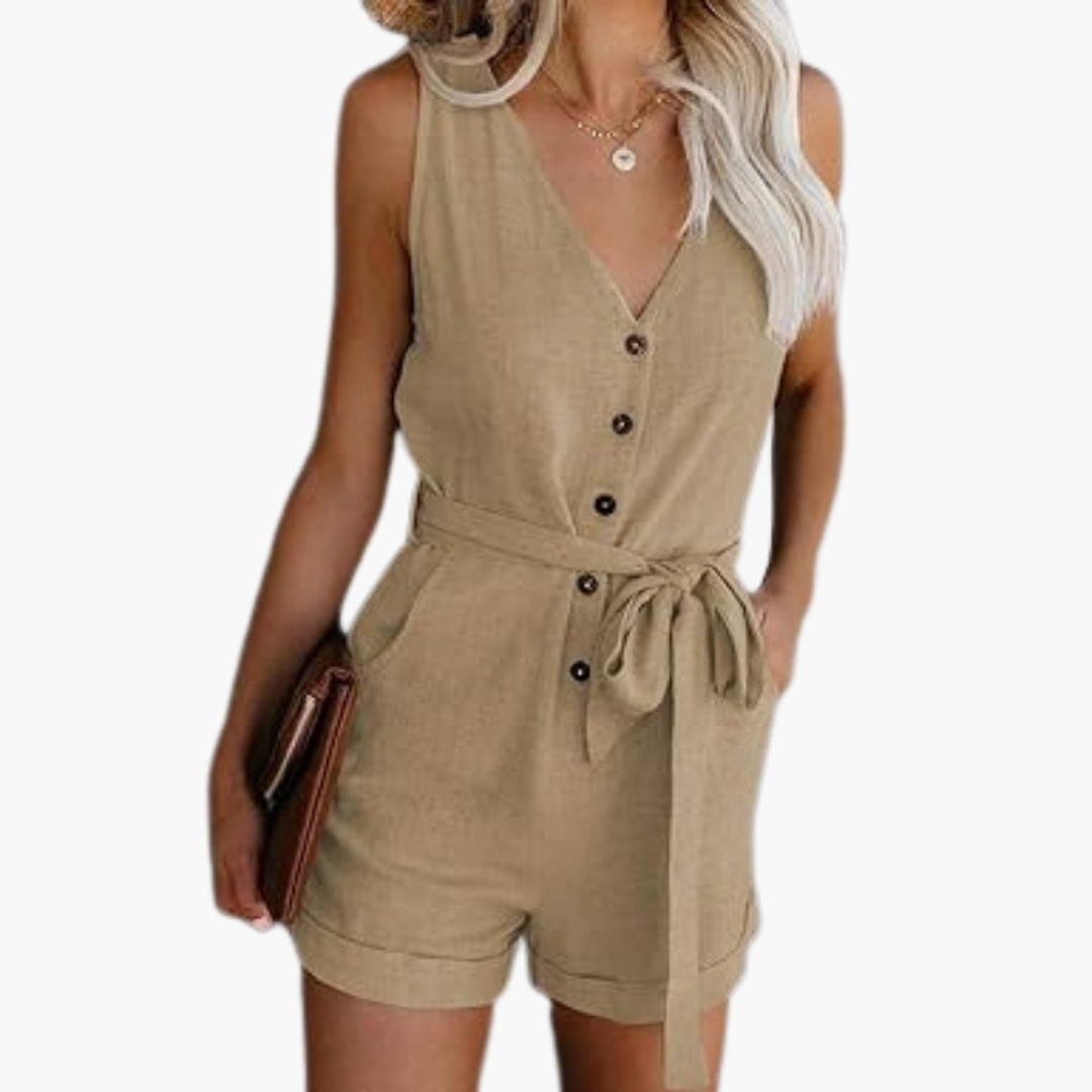 Marcellina | Women’s V-Neck Button-Front Waist-Tie Romper Jumpsuit