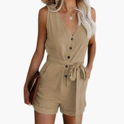 Marcellina | Women’s V-Neck Button-Front Waist-Tie Romper Jumpsuit