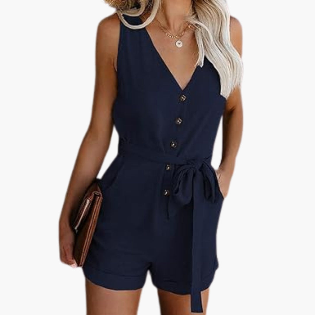 Marcellina | Women’s V-Neck Button-Front Waist-Tie Romper Jumpsuit