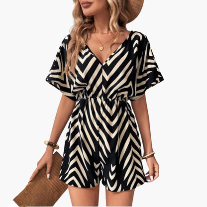 Marleigh | Women’s Chevron Print V-Neck Tie-Waist Short Romper Jumpsuit