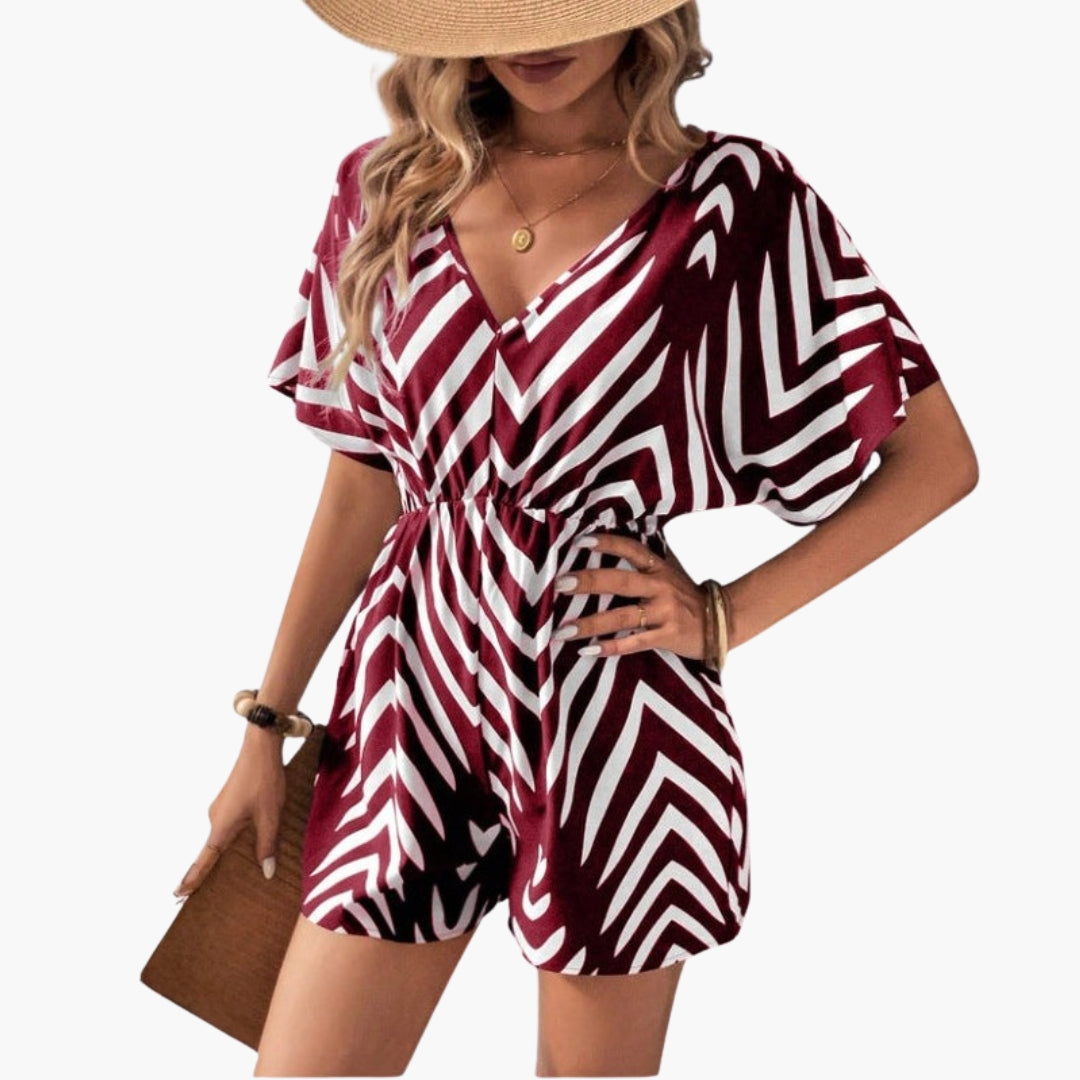 Marleigh | Women’s Chevron Print V-Neck Tie-Waist Short Romper Jumpsuit