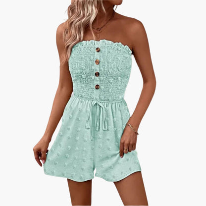 Teagan | Women’s Strapless Button Placket Tie-Waist Short Romper Jumpsuit