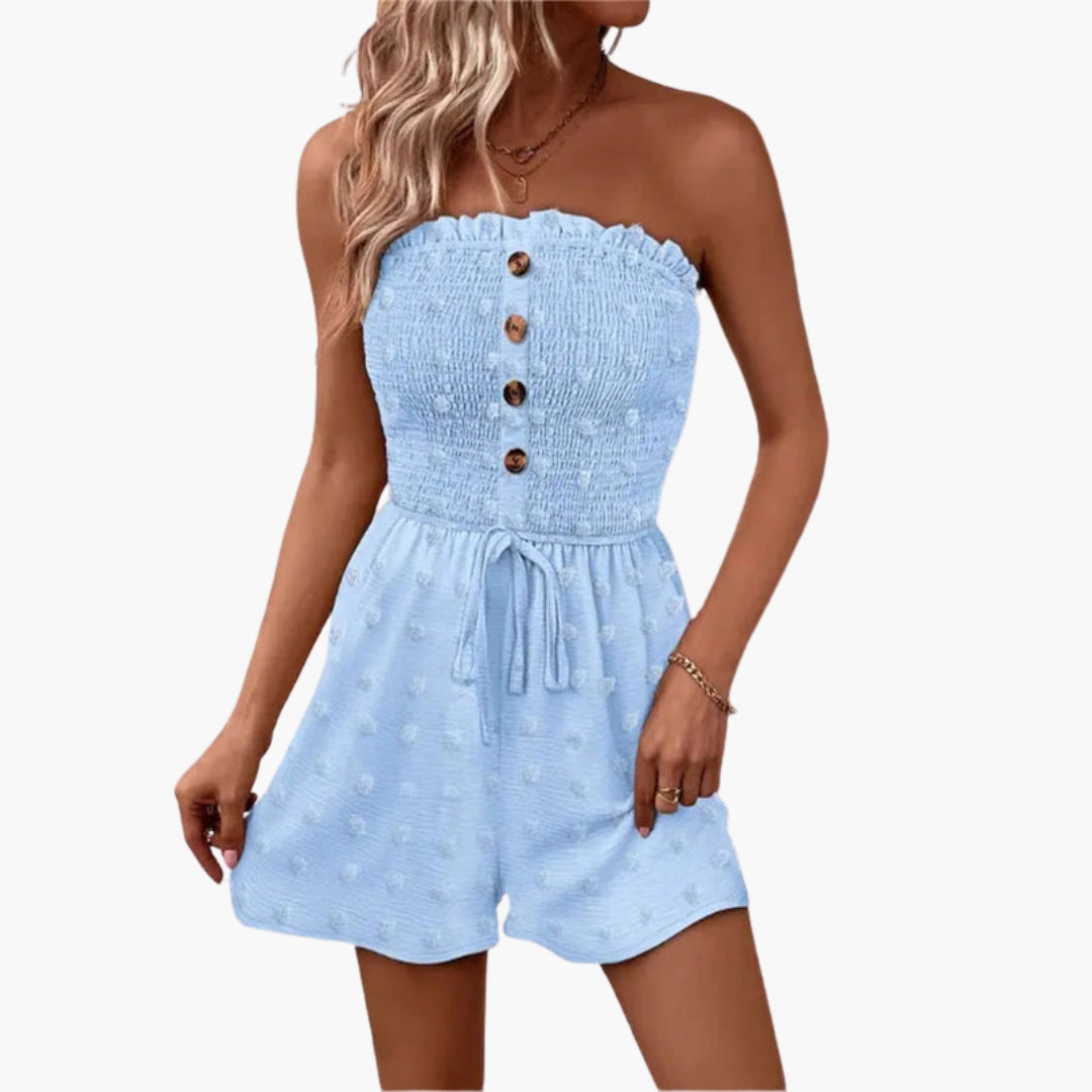 Teagan | Women’s Strapless Button Placket Tie-Waist Short Romper Jumpsuit