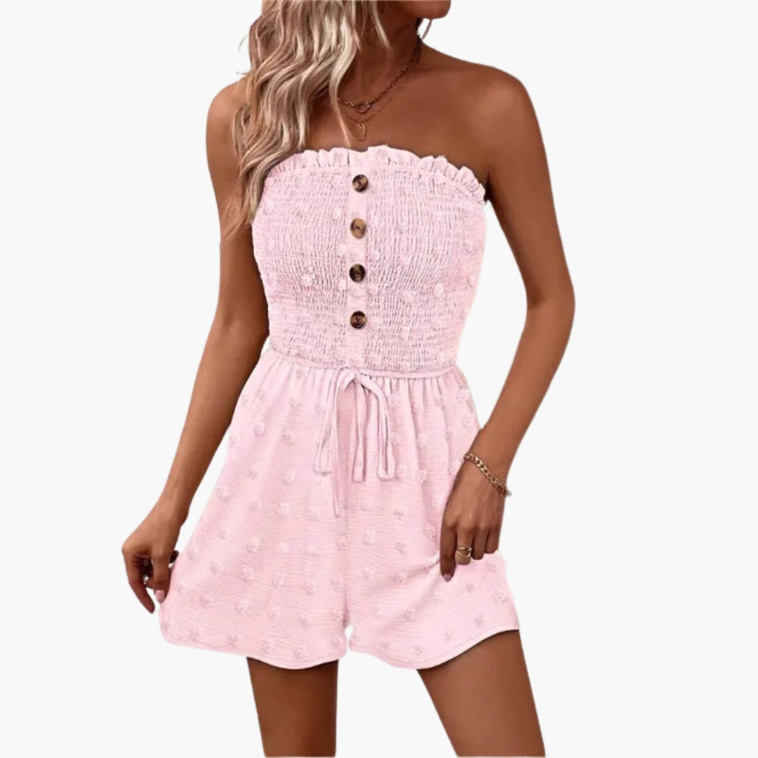 Teagan | Women’s Strapless Button Placket Tie-Waist Short Romper Jumpsuit