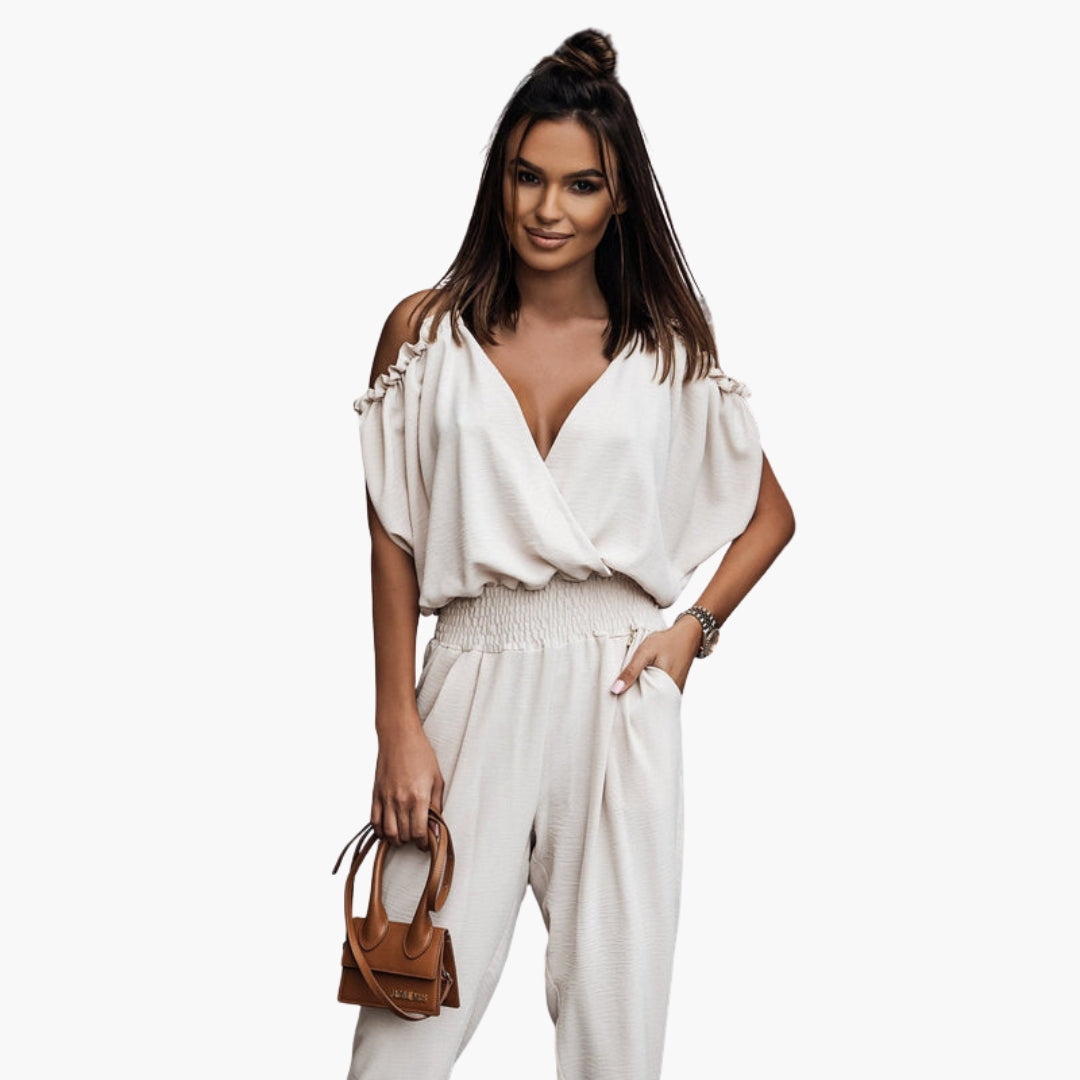 Leighton | Women’s Off Shoulder Crossed V-Neck Tie-Waist Jumpsuit