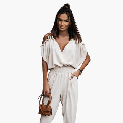 Leighton | Women’s Off Shoulder Crossed V-Neck Tie-Waist Jumpsuit