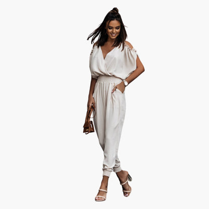 Leighton | Women’s Off Shoulder Crossed V-Neck Tie-Waist Jumpsuit