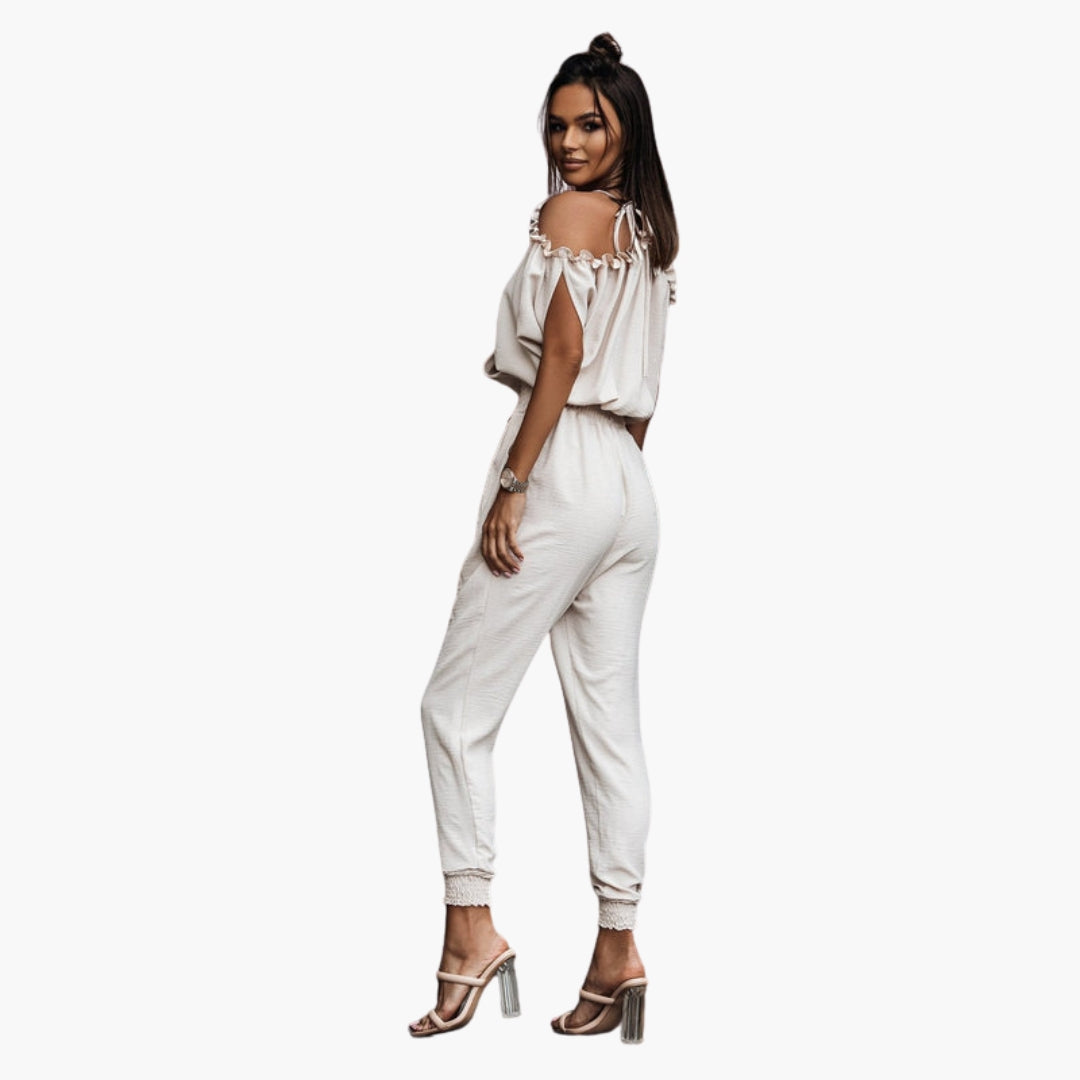 Leighton | Women’s Off Shoulder Crossed V-Neck Tie-Waist Jumpsuit