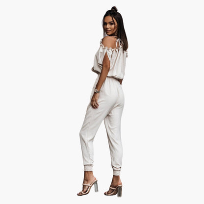 Leighton | Women’s Off Shoulder Crossed V-Neck Tie-Waist Jumpsuit