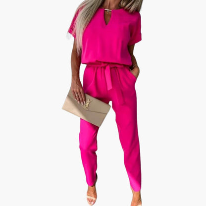Kendall | Women’s Short Sleeve V-Neck Tie-Waist Tapered Leg Jumpsuit