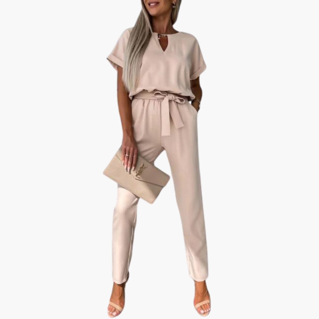 Kendall | Women’s Short Sleeve V-Neck Tie-Waist Tapered Leg Jumpsuit