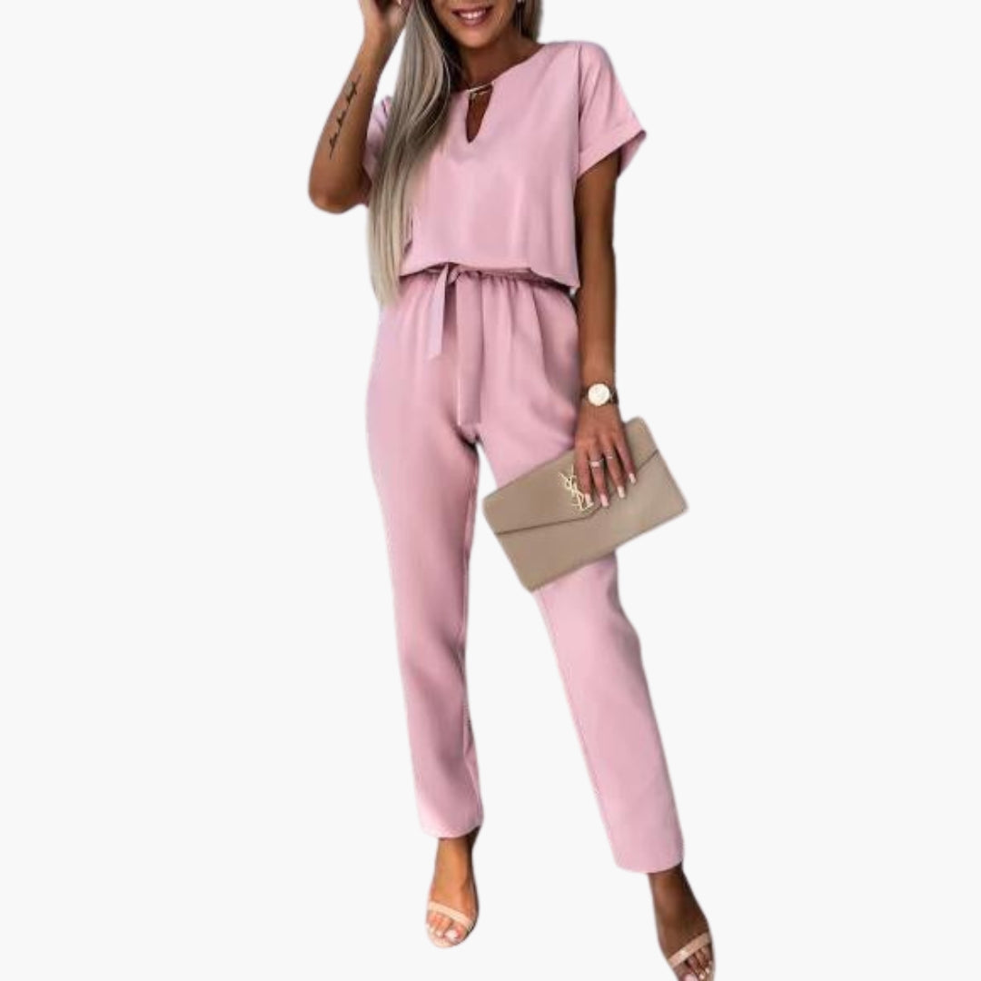 Kendall | Women’s Short Sleeve V-Neck Tie-Waist Tapered Leg Jumpsuit