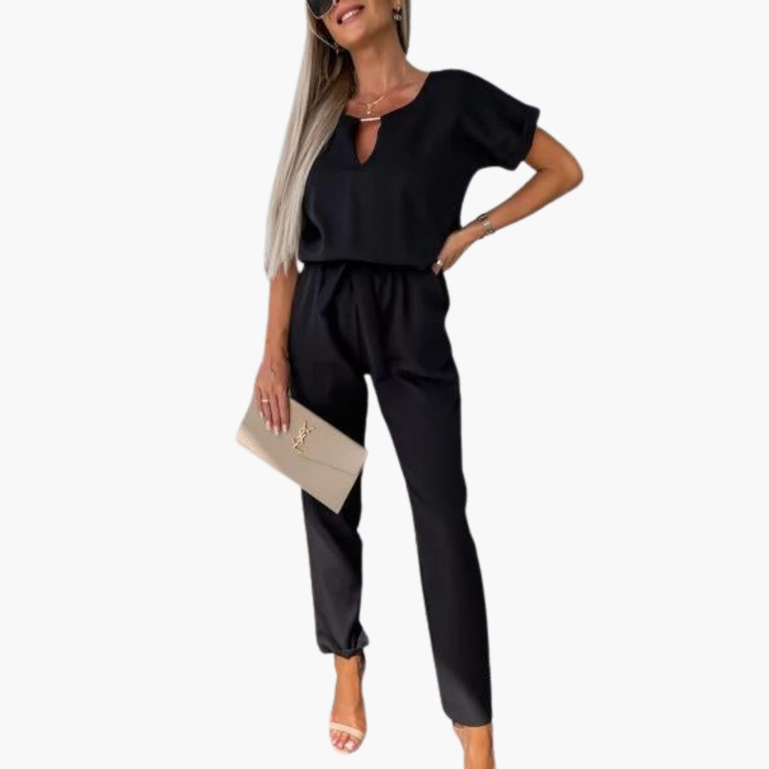 Kendall | Women’s Short Sleeve V-Neck Tie-Waist Tapered Leg Jumpsuit