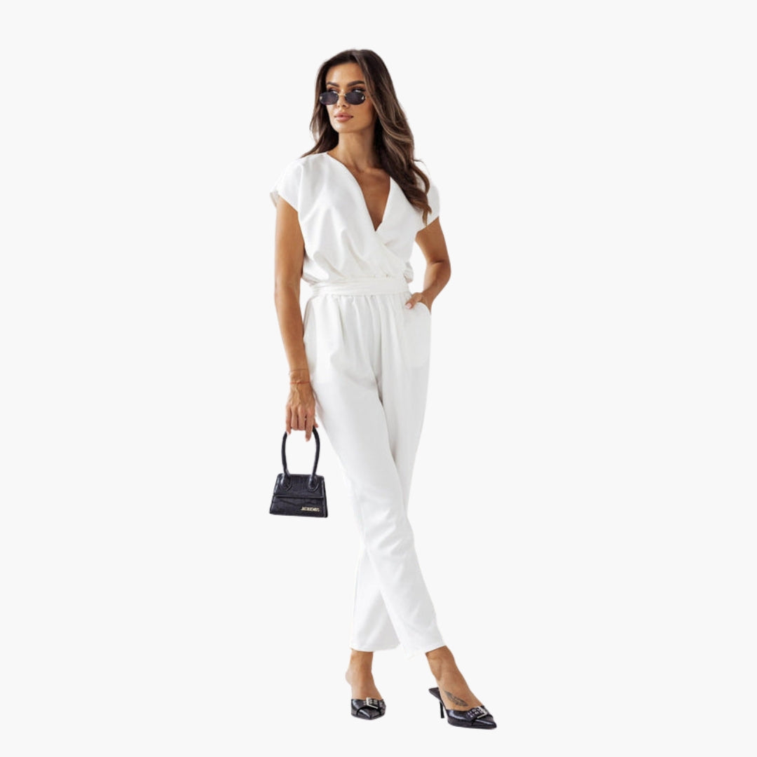 Rosalie | Women’s Short Sleeve Crossed V-Neck Tie-Waist Jumpsuit