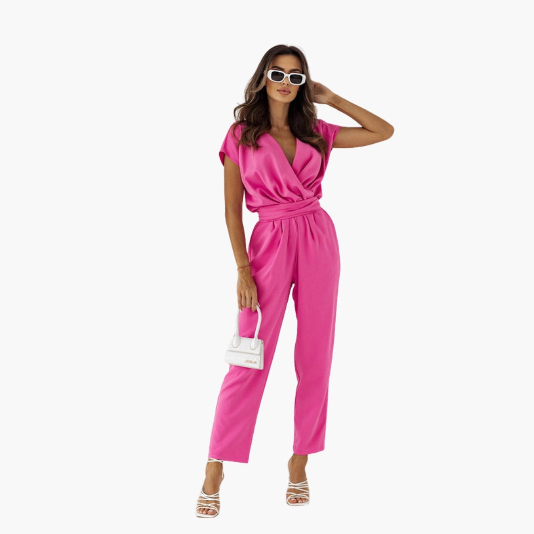 Rosalie | Women’s Short Sleeve Crossed V-Neck Tie-Waist Jumpsuit