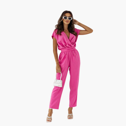 Rosalie | Women’s Short Sleeve Crossed V-Neck Tie-Waist Jumpsuit