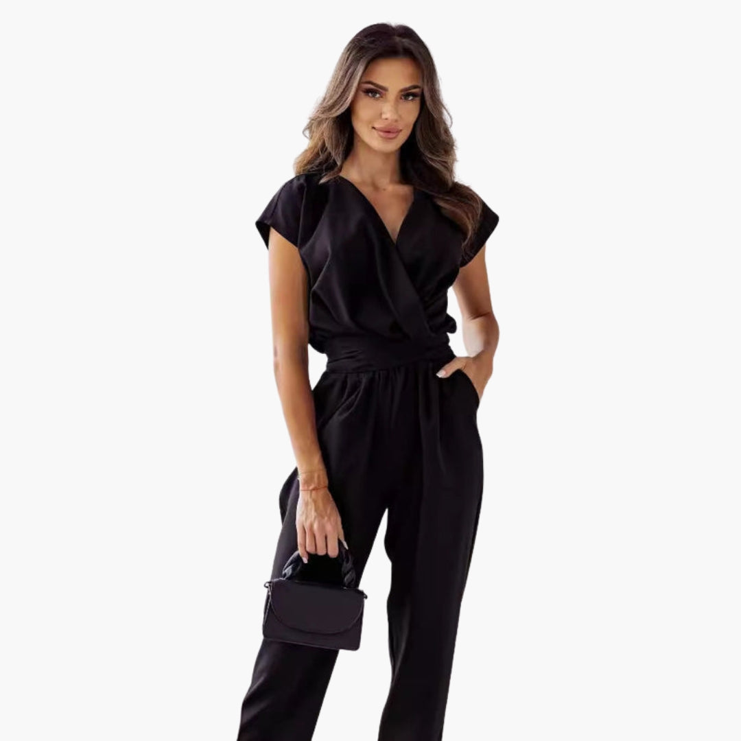 Rosalie | Women’s Short Sleeve Crossed V-Neck Tie-Waist Jumpsuit