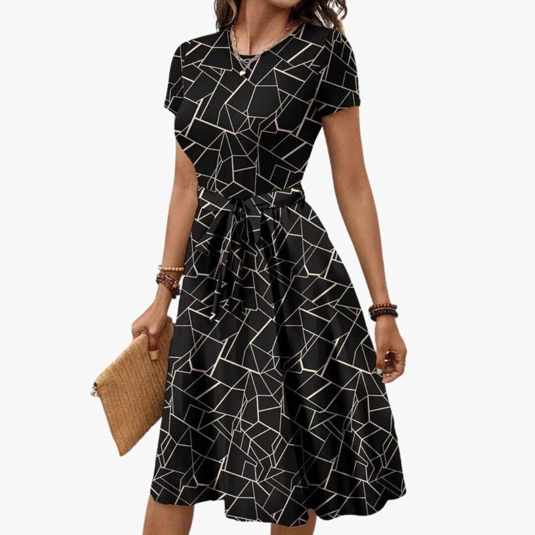 Alessandra | Women’s Geometric Print Short Sleeve Tie-Waist Dress