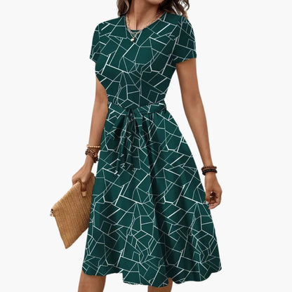 Alessandra | Women’s Geometric Print Short Sleeve Tie-Waist Dress