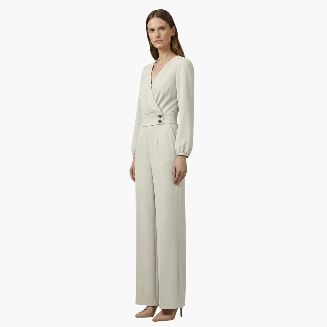 Genevieve | Women’s Long Sleeve Crossed V-Neck Wide-Leg Jumpsuit