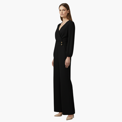 Genevieve | Women’s Long Sleeve Crossed V-Neck Wide-Leg Jumpsuit