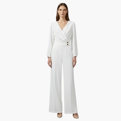Genevieve | Women’s Long Sleeve Crossed V-Neck Wide-Leg Jumpsuit