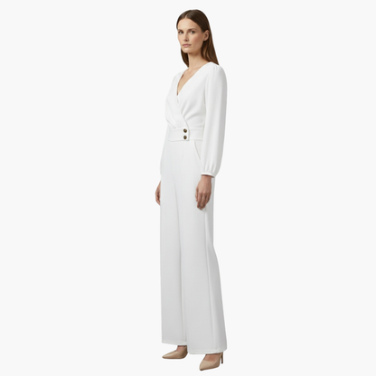 Genevieve | Women’s Long Sleeve Crossed V-Neck Wide-Leg Jumpsuit