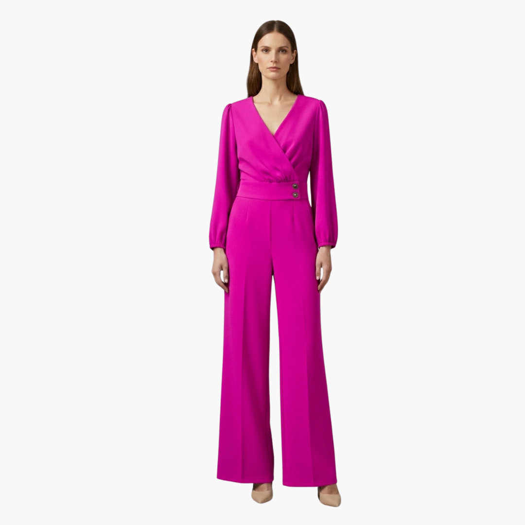 Genevieve | Women’s Long Sleeve Crossed V-Neck Wide-Leg Jumpsuit