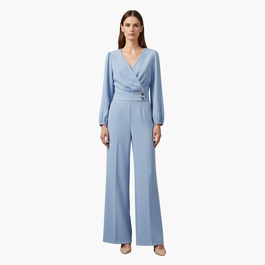 Genevieve | Women’s Long Sleeve Crossed V-Neck Wide-Leg Jumpsuit