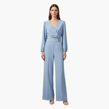 Genevieve | Women’s Long Sleeve Crossed V-Neck Wide-Leg Jumpsuit