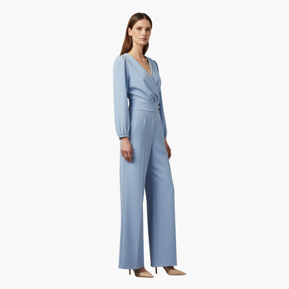 Genevieve | Women’s Long Sleeve Crossed V-Neck Wide-Leg Jumpsuit
