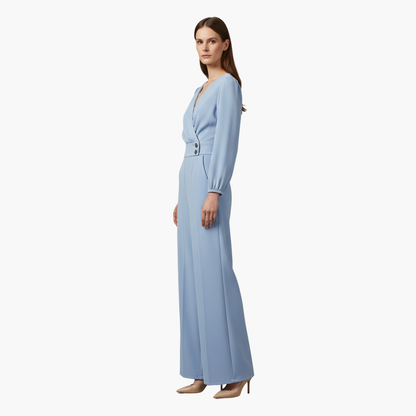Genevieve | Women’s Long Sleeve Crossed V-Neck Wide-Leg Jumpsuit
