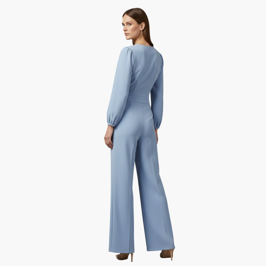 Genevieve | Women’s Long Sleeve Crossed V-Neck Wide-Leg Jumpsuit
