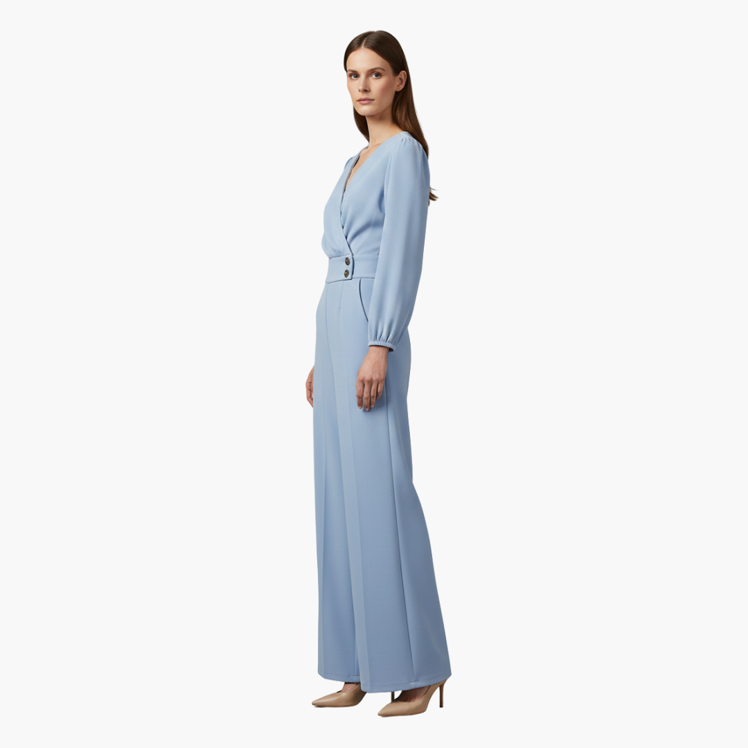 Genevieve | Women’s Long Sleeve Crossed V-Neck Wide-Leg Jumpsuit