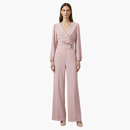 Genevieve | Women’s Long Sleeve Crossed V-Neck Wide-Leg Jumpsuit