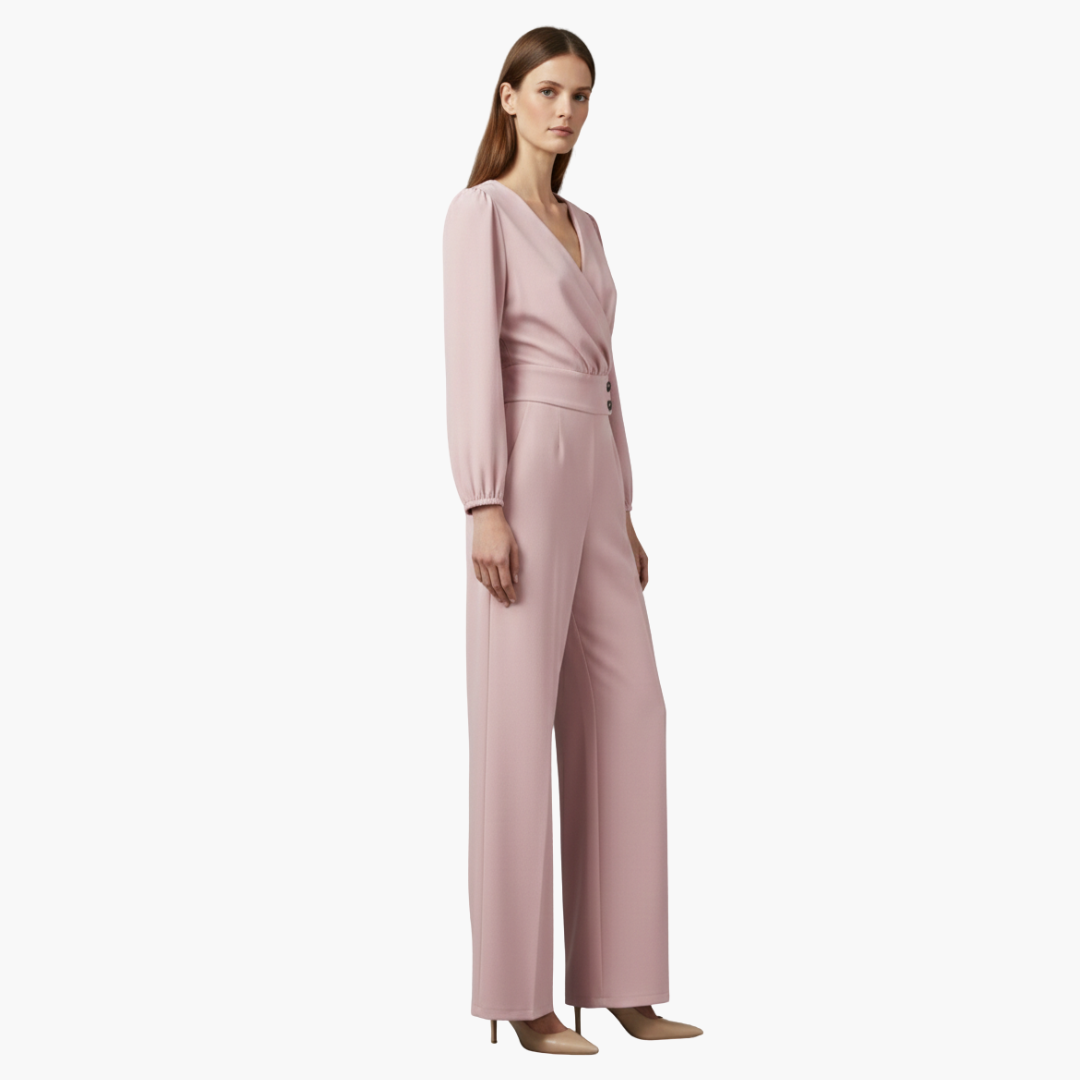 Genevieve | Women’s Long Sleeve Crossed V-Neck Wide-Leg Jumpsuit