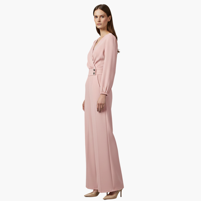 Genevieve | Women’s Long Sleeve Crossed V-Neck Wide-Leg Jumpsuit