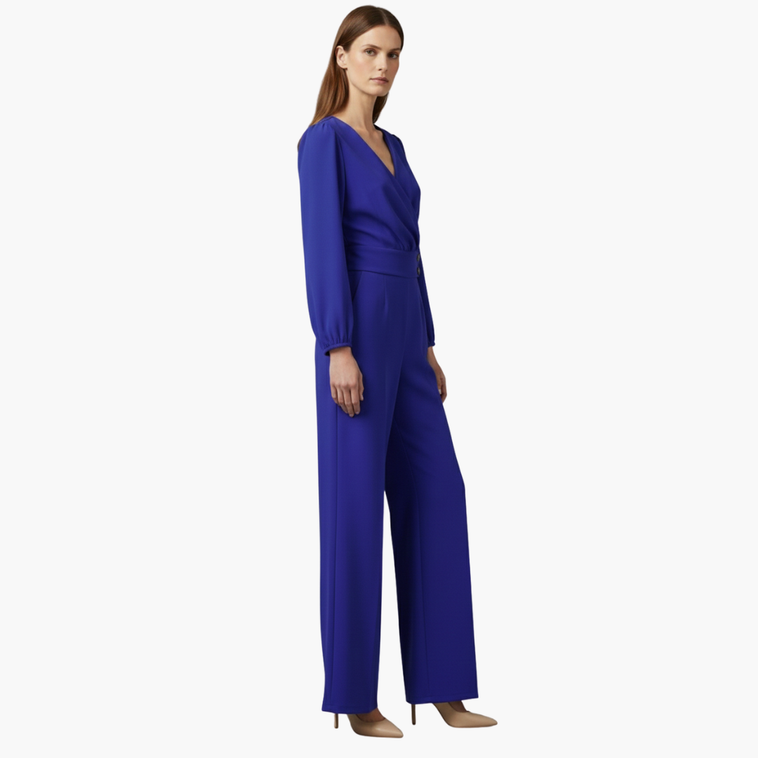 Genevieve | Women’s Long Sleeve Crossed V-Neck Wide-Leg Jumpsuit