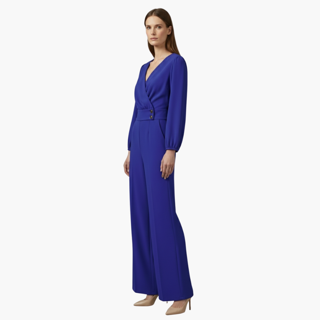 Genevieve | Women’s Long Sleeve Crossed V-Neck Wide-Leg Jumpsuit