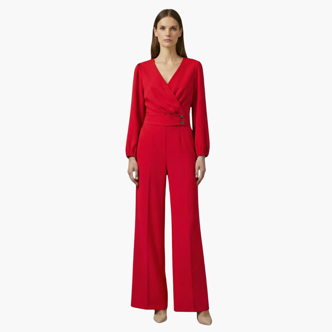 Genevieve | Women’s Long Sleeve Crossed V-Neck Wide-Leg Jumpsuit