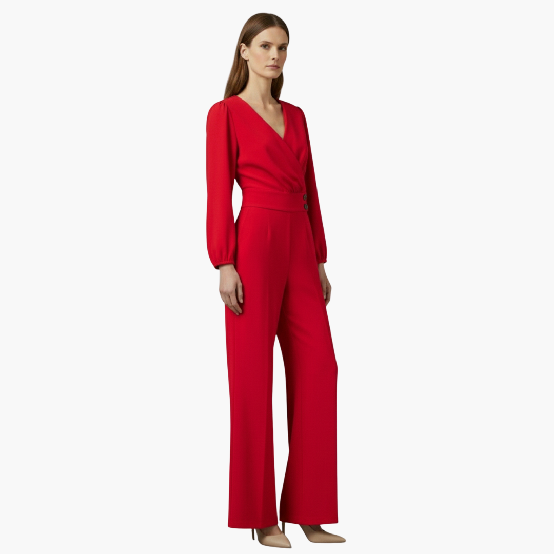 Genevieve | Women’s Long Sleeve Crossed V-Neck Wide-Leg Jumpsuit