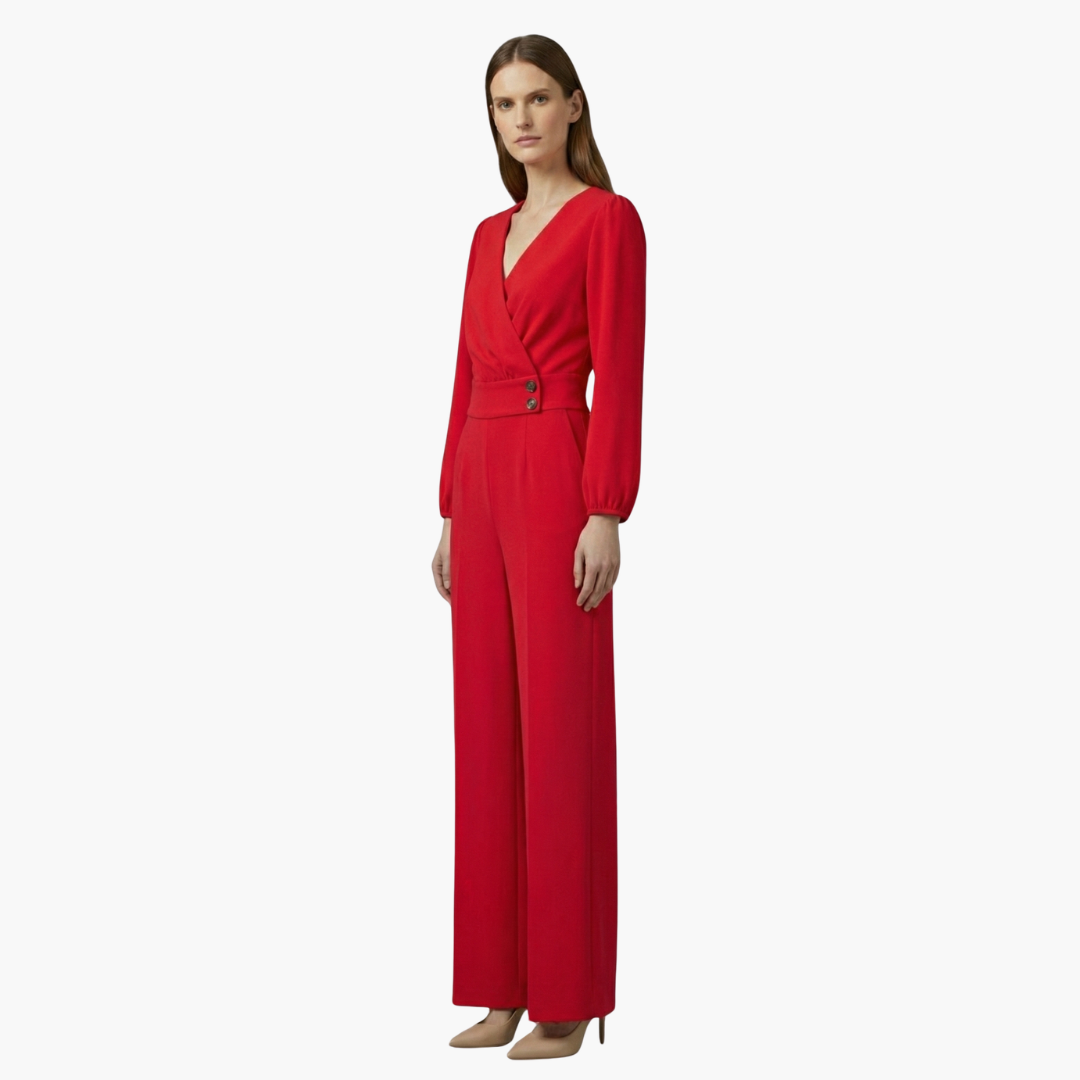 Genevieve | Women’s Long Sleeve Crossed V-Neck Wide-Leg Jumpsuit