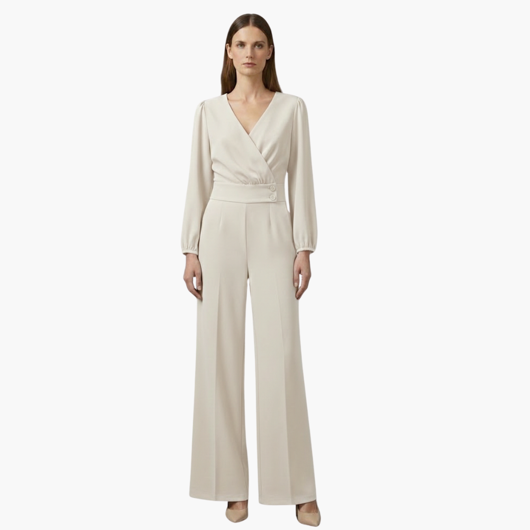 Genevieve | Women’s Long Sleeve Crossed V-Neck Wide-Leg Jumpsuit