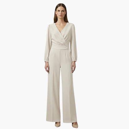 Genevieve | Women’s Long Sleeve Crossed V-Neck Wide-Leg Jumpsuit