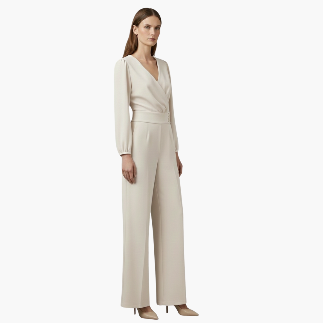Genevieve | Women’s Long Sleeve Crossed V-Neck Wide-Leg Jumpsuit