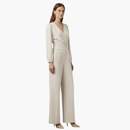 Genevieve | Women’s Long Sleeve Crossed V-Neck Wide-Leg Jumpsuit