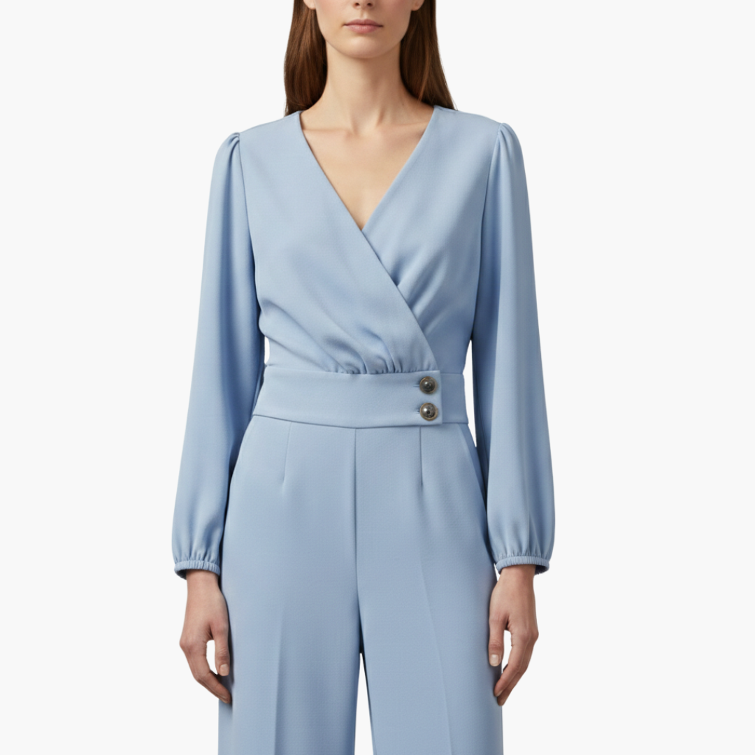 Genevieve | Women’s Long Sleeve Crossed V-Neck Wide-Leg Jumpsuit